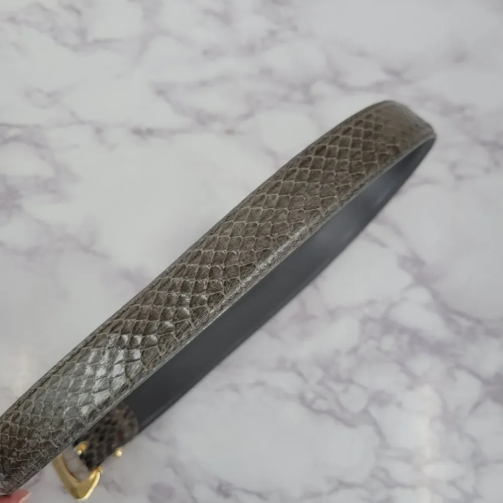 Vintage 80s Gray Genuine Snakeskin Leather Belt with Gold Tone Buckle